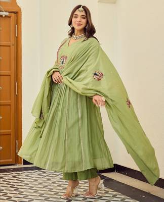 Green chanderi silk embroidery work fancy graceful partywear suit 3