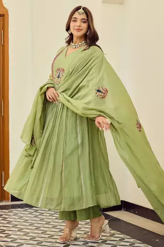 Green chanderi silk embroidery work fancy graceful partywear suit