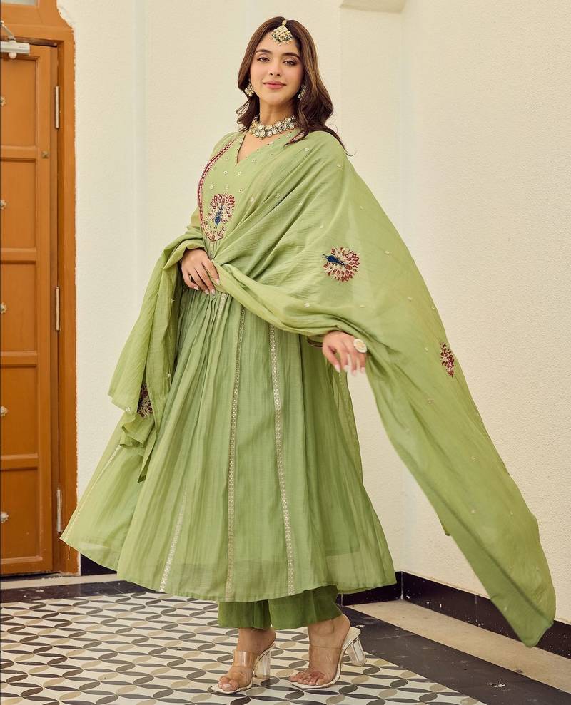 Green chanderi silk embroidery work fancy graceful partywear suit