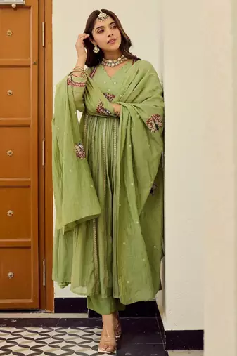 Green chanderi silk embroidery work fancy graceful partywear suit