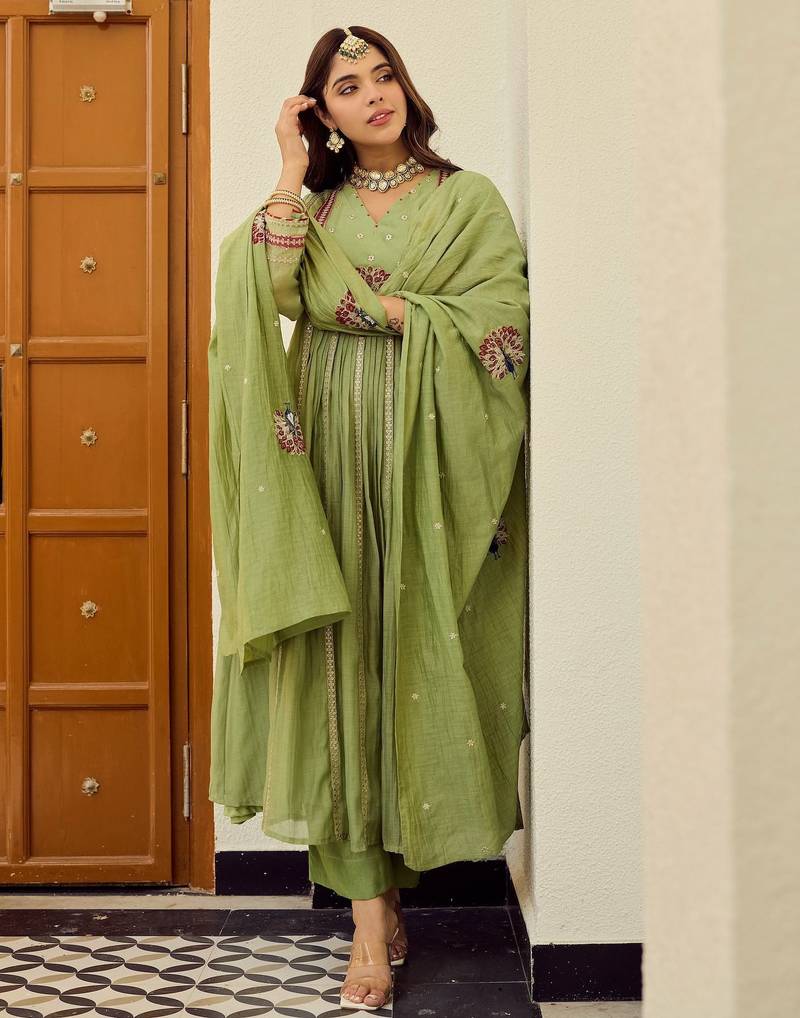 Green chanderi silk embroidery work fancy graceful partywear suit