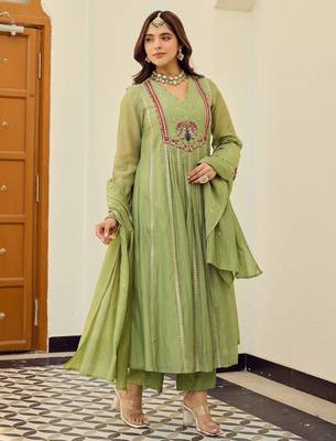Green chanderi silk embroidery work fancy graceful partywear suit 5