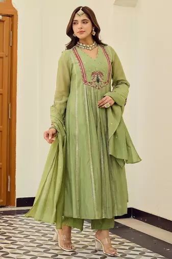 Green chanderi silk embroidery work fancy graceful partywear suit