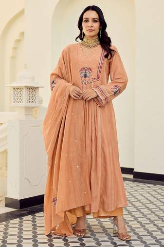 Orange chanderi silk embroidery work fancy graceful partywear suit