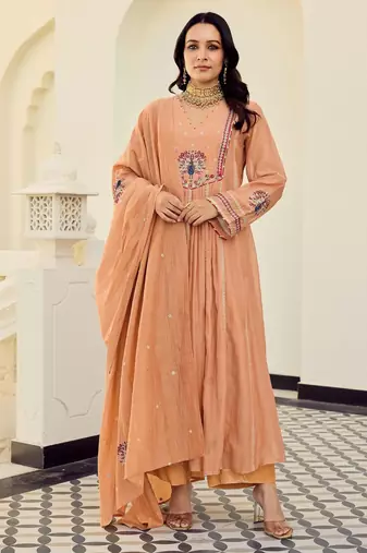 Orange color chanderi silk fabric designer embroidery work fancy graceful partywear suit