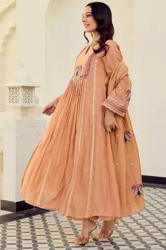 Orange color chanderi silk fabric designer embroidery work fancy graceful partywear suit