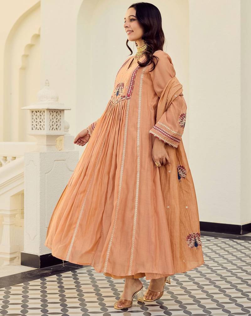 Orange chanderi silk embroidery work fancy graceful partywear suit