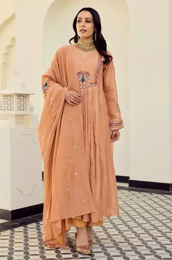 Orange color chanderi silk fabric designer embroidery work fancy graceful partywear suit