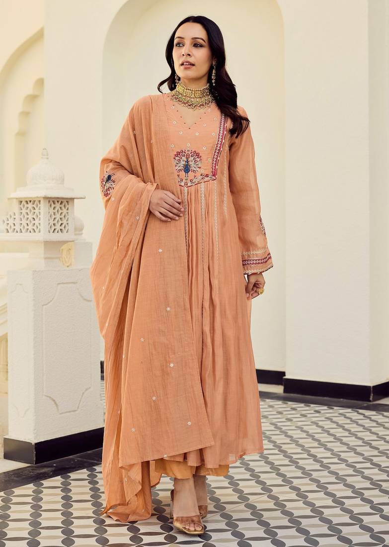 Orange chanderi silk embroidery work fancy graceful partywear suit