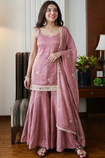 Peach color fendy silk fabric designer embroidery work fancy graceful partywear suit