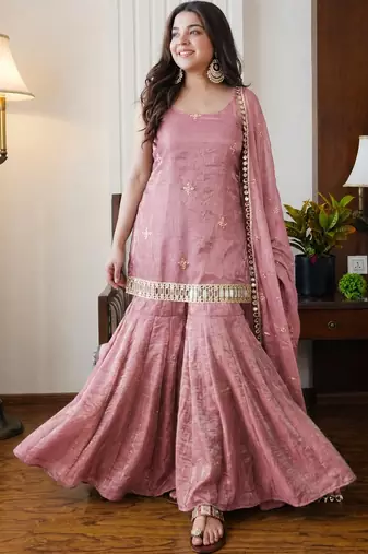 Peach color fendy silk fabric designer embroidery work fancy graceful partywear suit