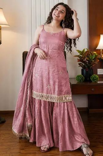 Peach color fendy silk fabric designer embroidery work fancy graceful partywear suit