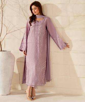 Lavender french crepe embroidery work fancy graceful partywear suit 1