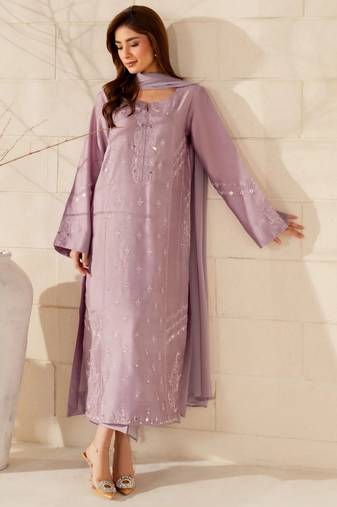 Lavender french crepe embroidery work fancy graceful partywear suit