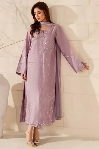 Lavender french crepe embroidery work fancy graceful partywear suit