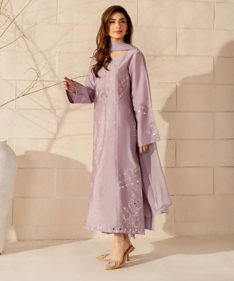 Lavender french crepe embroidery work fancy graceful partywear suit