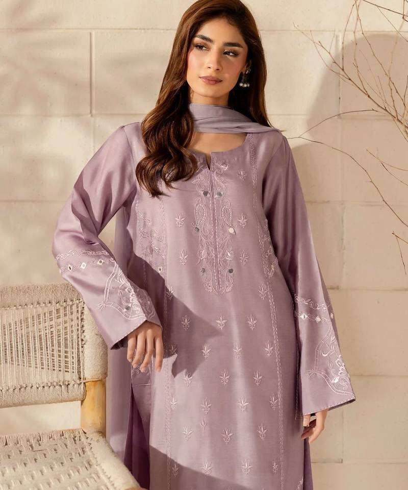 Lavender french crepe embroidery work fancy graceful partywear suit