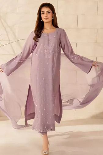 Lavender french crepe embroidery work fancy graceful partywear suit