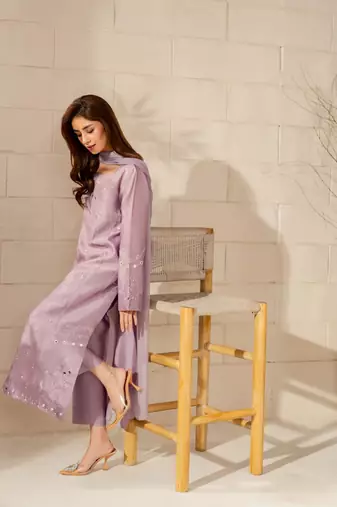 Lavender french crepe embroidery work fancy graceful partywear suit