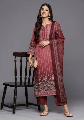 Maroon cotton printed fancy graceful partywear suit 1