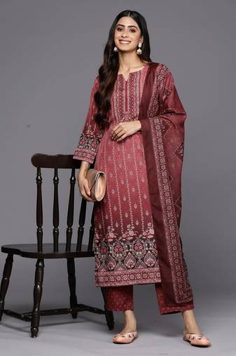 Maroon cotton printed fancy graceful partywear suit