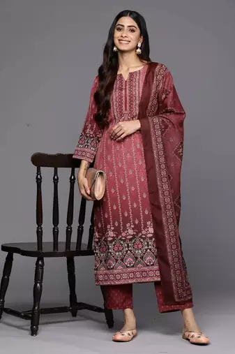 Maroon color cotton fabric printed fancy graceful partywear suit