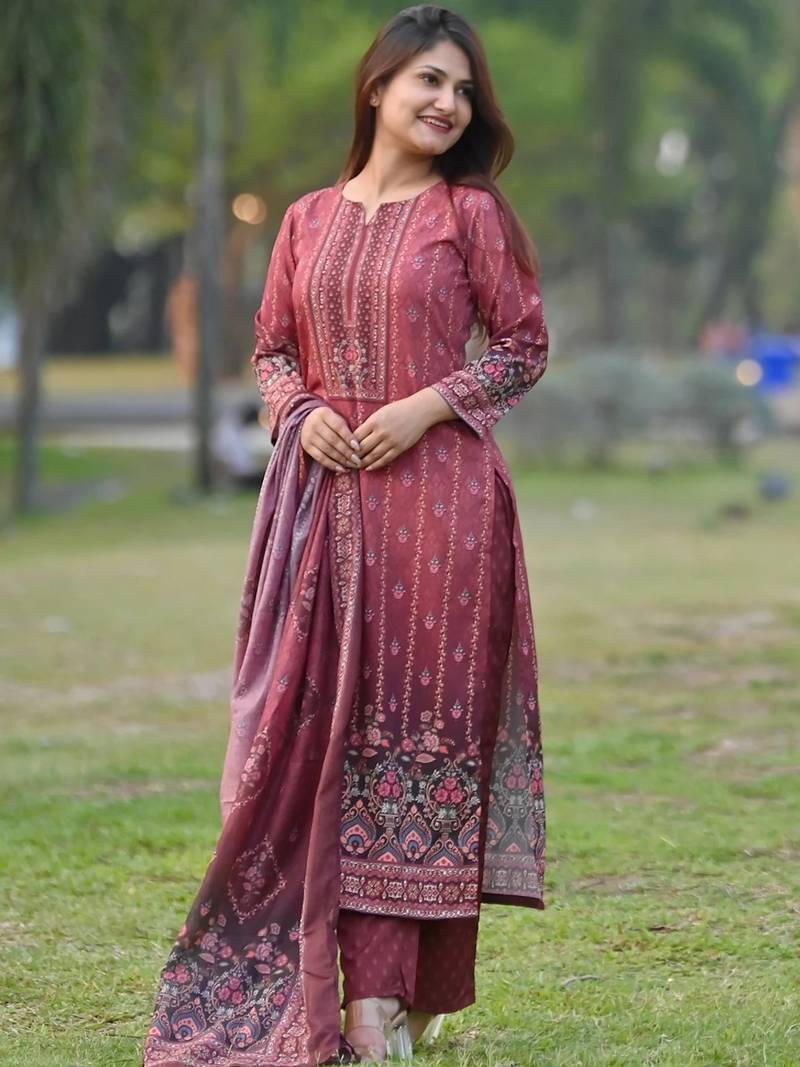Maroon cotton printed fancy graceful partywear suit