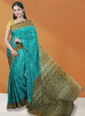Turquoise blue & deep teal sambalpuri cotton saree with running blouse 1