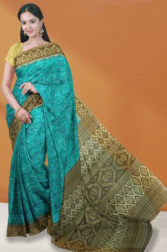 Turquoise blue & deep teal sambalpuri cotton saree with running blouse