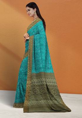 Turquoise blue & deep teal sambalpuri cotton saree with running blouse 2