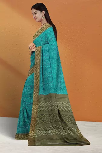 Turquoise blue & deep teal sambalpuri cotton saree with running blouse