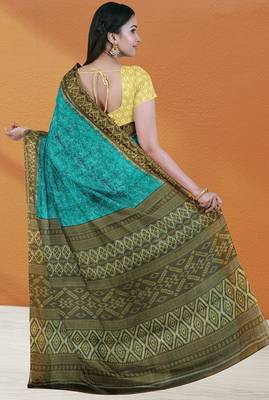 Turquoise blue & deep teal sambalpuri cotton saree with running blouse 3