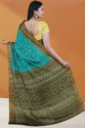 Turquoise blue & deep teal sambalpuri cotton saree with running blouse