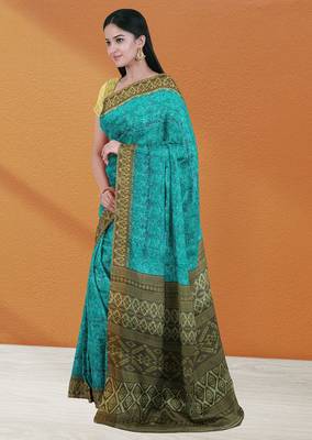 Turquoise blue & deep teal sambalpuri cotton saree with running blouse 4