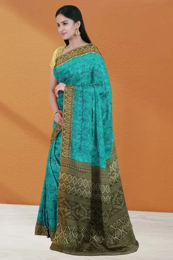 Turquoise blue & deep teal sambalpuri cotton saree with running blouse