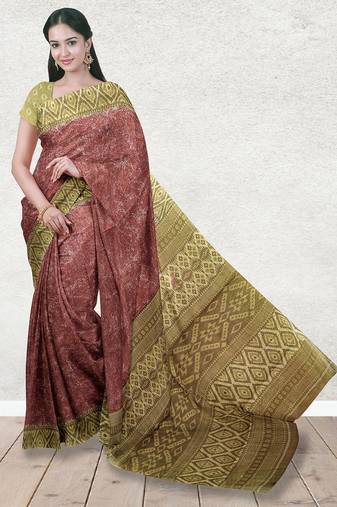 Terracotta brown & burnished copper sambalpuri cotton saree with running blouse