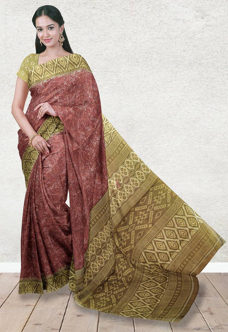Terracotta brown & burnished copper sambalpuri cotton saree with running blouse