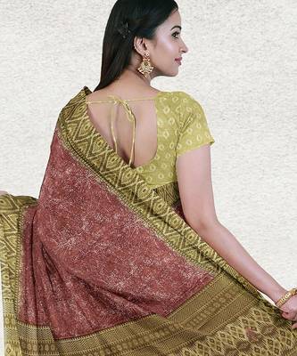 Terracotta brown & burnished copper sambalpuri cotton saree with running blouse 3