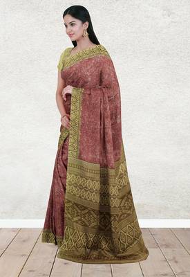 Terracotta brown & burnished copper sambalpuri cotton saree with running blouse 4