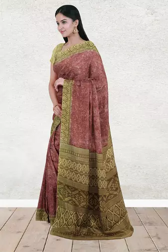 Terracotta brown & burnished copper sambalpuri cotton saree with running blouse