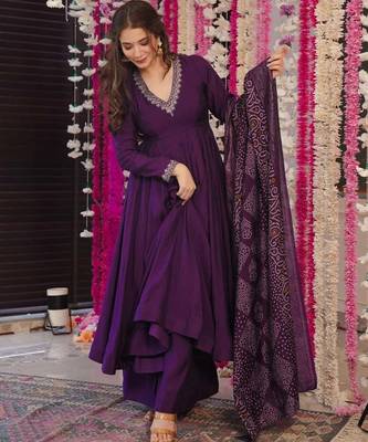 Wine color pv chanderi fabric designer embroidery work fancy graceful partywear suit 1