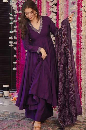 Wine color pv chanderi fabric designer embroidery work fancy graceful partywear suit