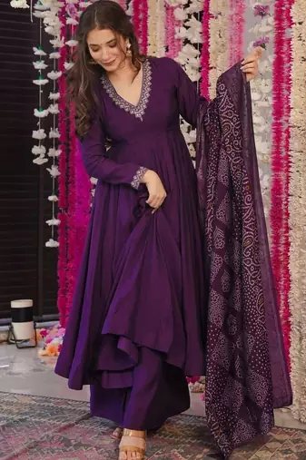 Wine color pv chanderi fabric designer embroidery work fancy graceful partywear suit