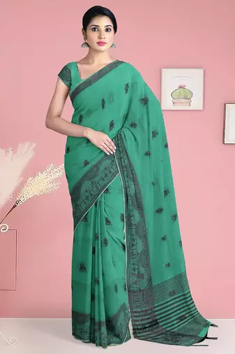 Sea green & charcoal black banarasi semi dupion saree with running blouse