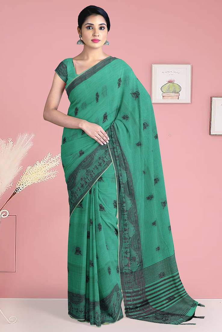 Sea green & charcoal black banarasi semi dupion saree with running blouse