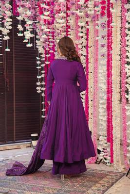 Wine color pv chanderi fabric designer embroidery work fancy graceful partywear suit 2