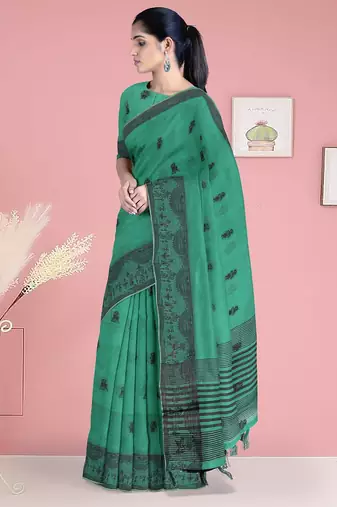 Sea green & charcoal black banarasi semi dupion saree with running blouse