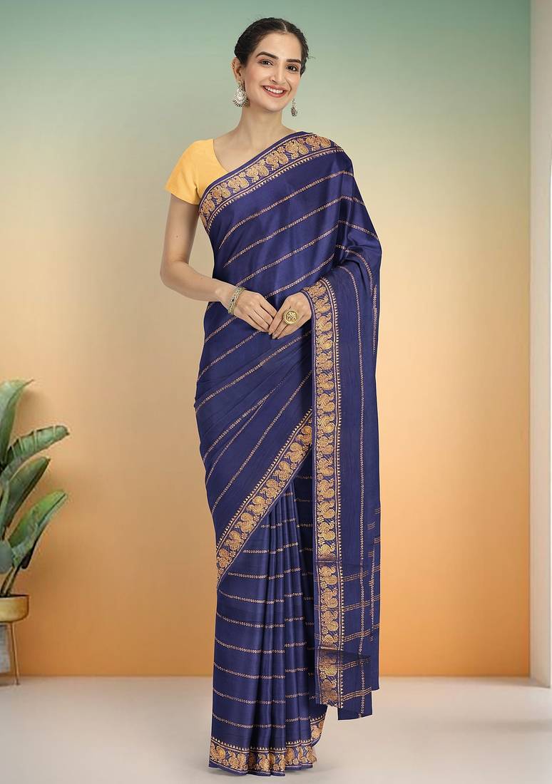 Matte navy blue & antique gold madurai sungudi saree with running blouse
