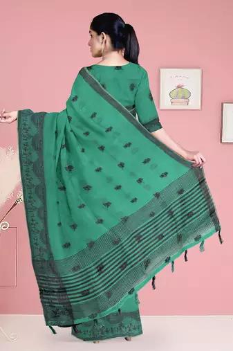 Sea green & charcoal black banarasi semi dupion saree with running blouse