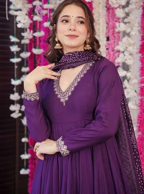 Wine color pv chanderi fabric designer embroidery work fancy graceful partywear suit 3